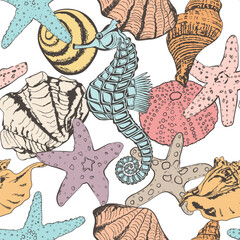 Seamless pattern with sea shells. Modern creative line art graphics. Vector illustration.