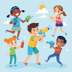 Naklejka premium Happy children playing with water guns and having fun. Vector cartoon illustration.