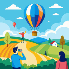 Landscape with hot air balloon and people. Vector illustration in flat style