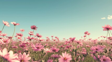 Obraz na płótnie Canvas cosmos flowers dancing in a vibrant flower field against a backdrop of serene blue sky, offering ample space for text to convey your message.