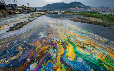 toxic waste disposal from factory into river - obrazy, fototapety, plakaty