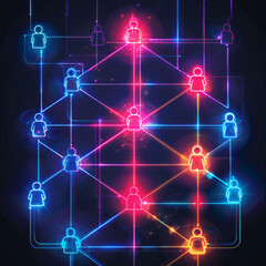 Simple vector graphic of neon connecting people icons, social network concept, isolated on black background.