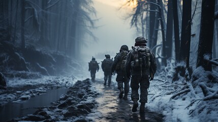 A group of military personnel in winter camouflage moves through a snow storm. Soldiers are equipped with modern military equipment Concept: military operations, teamwork, survival - obrazy, fototapety, plakaty