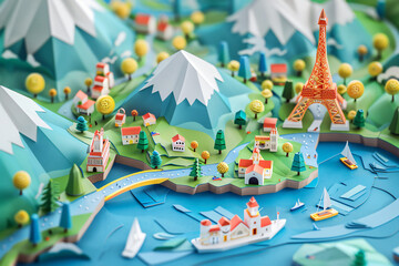 Colorful paper art composition featuring iconic landmarks and mountains, with playful water and sky elements. Generative AI.