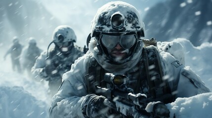 A group of military personnel in winter camouflage moves through a snow storm. Soldiers are equipped with modern military equipment Concept: military operations, teamwork, survival