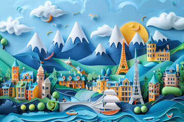 Paris. Colorful paper art composition featuring iconic landmarks and mountains, with playful water and sky elements. Generative AI.