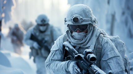 A group of military personnel in winter camouflage moves through a snow storm. Soldiers are equipped with modern military equipment Concept: military operations, teamwork, survival - obrazy, fototapety, plakaty