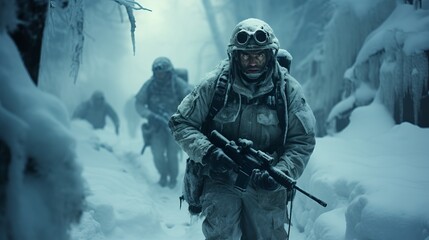 A group of military personnel in winter camouflage moves through a snow storm. Soldiers are equipped with modern military equipment Concept: military operations, teamwork, survival