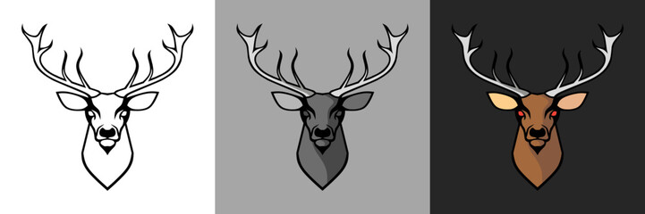 Deer Head Vector Set, Line Art, BW, Color, Illustration