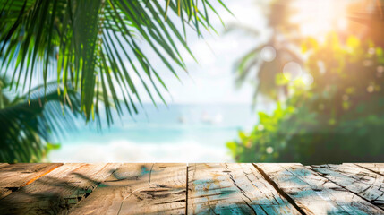 Amazing beach view cosmetics or product background. Beautiful sea, sand, palms and wooden background. Golden sand beach with blue ocean and cloudscape and sunshine in the back. Free product place - obrazy, fototapety, plakaty