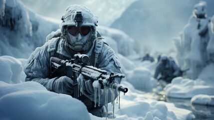 soldiers in winter camouflage make their way through the snow, concentrated and alert, their clothes covered with snow, Concept: military exercises, military tactics in winter conditions. - obrazy, fototapety, plakaty