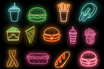 Color simple vector graphic of neon fast food icons set isolated on black background.