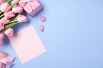 Pink tulips with a pink gift box, heart-shaped glitter, and a blank note on a pastel blue background.