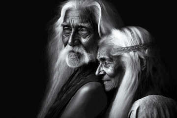 Black and white fineart Portrait of old man with long white hair and old woman, in love, hugging black background
