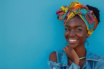Joyful Afro-American Woman in Denim Jacket and Colorful Headwrap Against Blue Background

