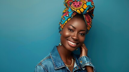 Joyful Afro-American Woman in Denim Jacket and Colorful Headwrap Against Blue Background

