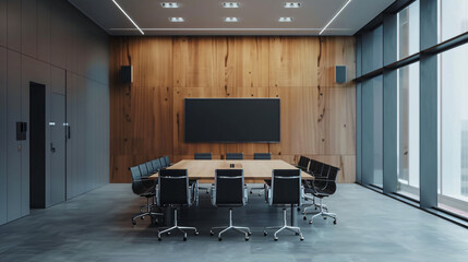 
Modern boardroom with a large wooden table, leather chairs, and a widescreen monitor against a wooden wall, with ample natural light. Generative AI.
