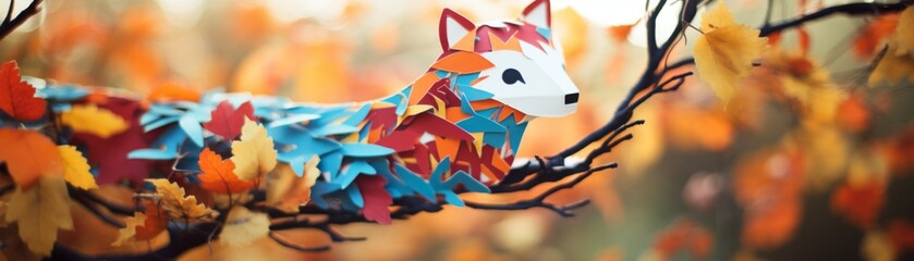 Minimalist fox in woods paper cut autumn colors paper cut paper art minimal cute - obrazy, fototapety, plakaty