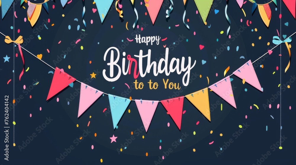 Poster a vibrant birthday card featuring colorful flags and confetti, adding a festive and celebratory touc