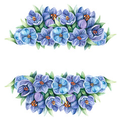 Watercolor crocuses banner. Hand drawn blue flowers illustration isolated on white background for design greeting cards, invitations
