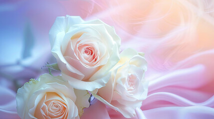 Soft White Roses on Pastel Silk Textile