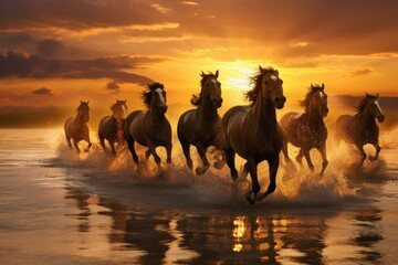Fototapeta na wymiar Majestic Running horses sunrise. Nature animal. Generate Ai