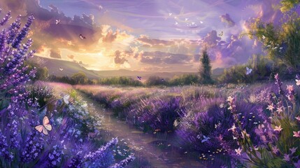a lavender field in full bloom, adorned with graceful butterflies fluttering among fragrant blossoms, emanating the serene beauty of nature's masterpiece. - obrazy, fototapety, plakaty