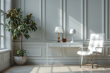 Fototapeta premium Living room with white chair, desk, lamp, and potted plant