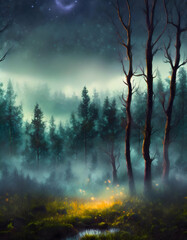 Abstract seamless fog over the mystical forest at night. Horizontal illustration, oil painting on on digital art concept, Generative AI.