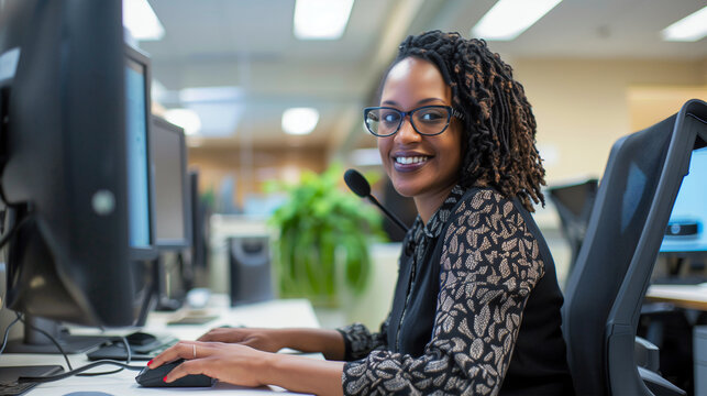 A close-up of a content woman in a wheelchair at her office desk, interacting with technology, radiating confidence and normalizing the integration of accessibility in the workplace