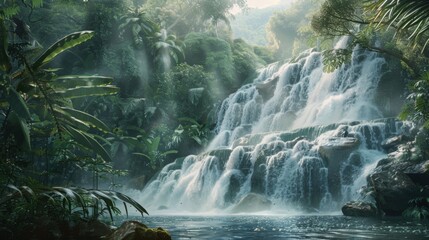 A detailed painting showcasing a powerful waterfall cascading down rocks in the midst of a lush...