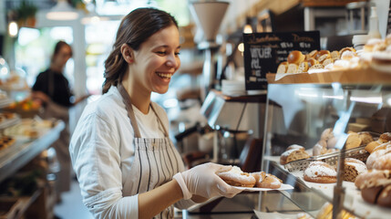 A bakery worker in an apron presents a selection of pastries with a joyous smile, reflecting the pride and satisfaction of offering freshly baked treats