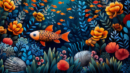 海の魚たちのポップアート。珊瑚、海藻、イソギンチャク