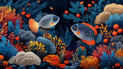 海の魚たちのポップアート。珊瑚、海藻、イソギンチャク