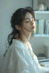 徹夜のデスクワークで朝日を浴び疲労困憊の日本人女性