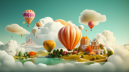 Fantasy landscape with hot air balloons floating over idyllic hills, houses, and a lake. Digital art with whimsical scenery for design and print. Travel banner with space for text