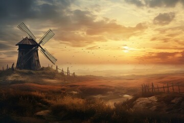 Rustic Autumn field windmills sunset. Scene travel. Generate Ai