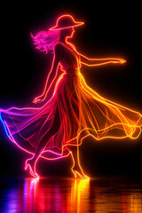 Simple vector graphic of neon woman dancing isolated on black background.