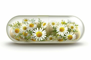 Creative image of homeopathic medicine capsule. Capsule tablet with chamomile medicinal herbs. Phytomedicine. Phytopharmacology concept.