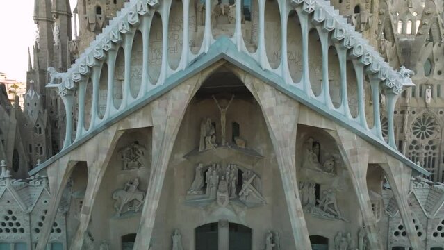 Aerial footage of Sagrada Familia Basilica in Barcelona. Eixample district. Cathedral designed by Antoni Gaud&iacute;.