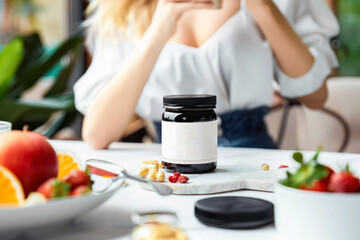 Beautiful smiling woman taking vitamin pills for breakfast. Food supplement. A plastic bottle with vitamins stands in the foreground on the table. balanced diet, healthy nutrition. mock up