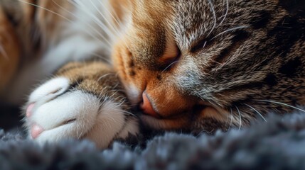 Close-Up of a Peaceful Tabby Cat Sleeping Soundly on a Soft Blanket