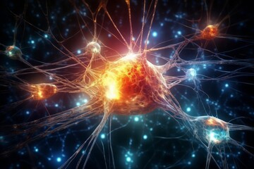 Illuminated neural pathways. Digital brain representation. Cognitive science visualization.