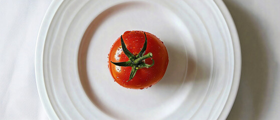 One vibrant red tomato sitting on a clean, white ceramic plate, ready to be eaten. - Powered by Adobe