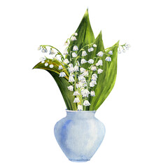 Hand drawn bouquet of lily of the valley flowers in a white vase. Watercolor illustration of spring flowers