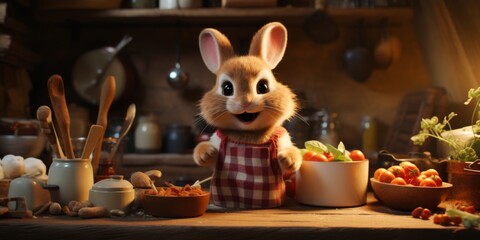Little funny bunny is preparing food in the kitchen. Easter theme. Generative AI - obrazy, fototapety, plakaty