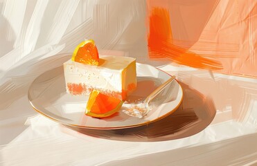 Cheesecake Delight with Citrus Garnish, slice of creamy cheesecake adorned with a vibrant orange garnish sits elegantly on a white plate, a tempting dessert that blends simplicity with indulgence