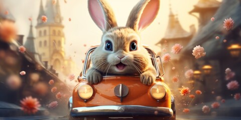 Cool Easter bunny on a motorcycle, Happy Easter holiday concept. Generative AI - obrazy, fototapety, plakaty