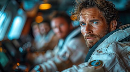 Obraz premium An astronaut in a space suit enjoys a movie night in the cockpit of an airplane