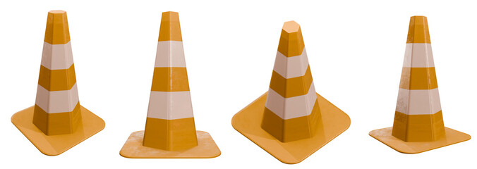 3D Traffic Cones: White & yellow cones in 3D, isolated on transparent background. Perfect for road safety & construction designs.